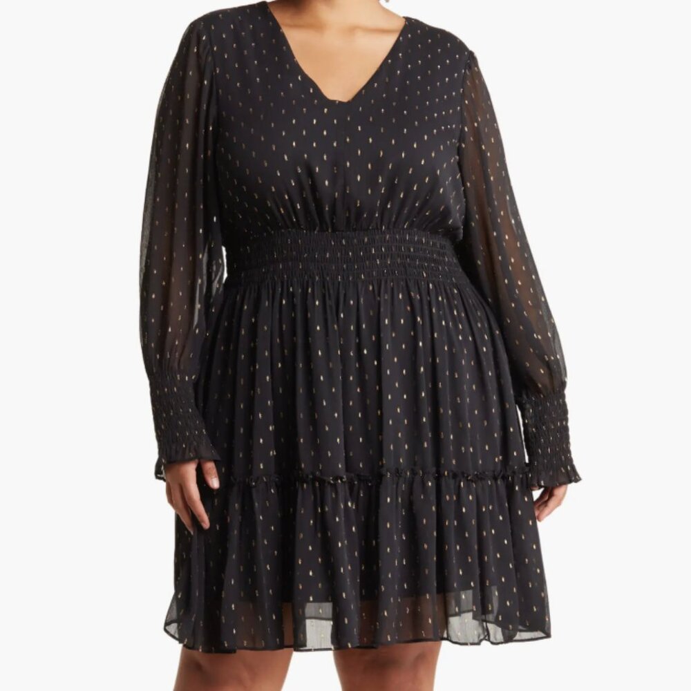 Taylor Dresses Black Metallic Dot Georgette Dress (Size 16)